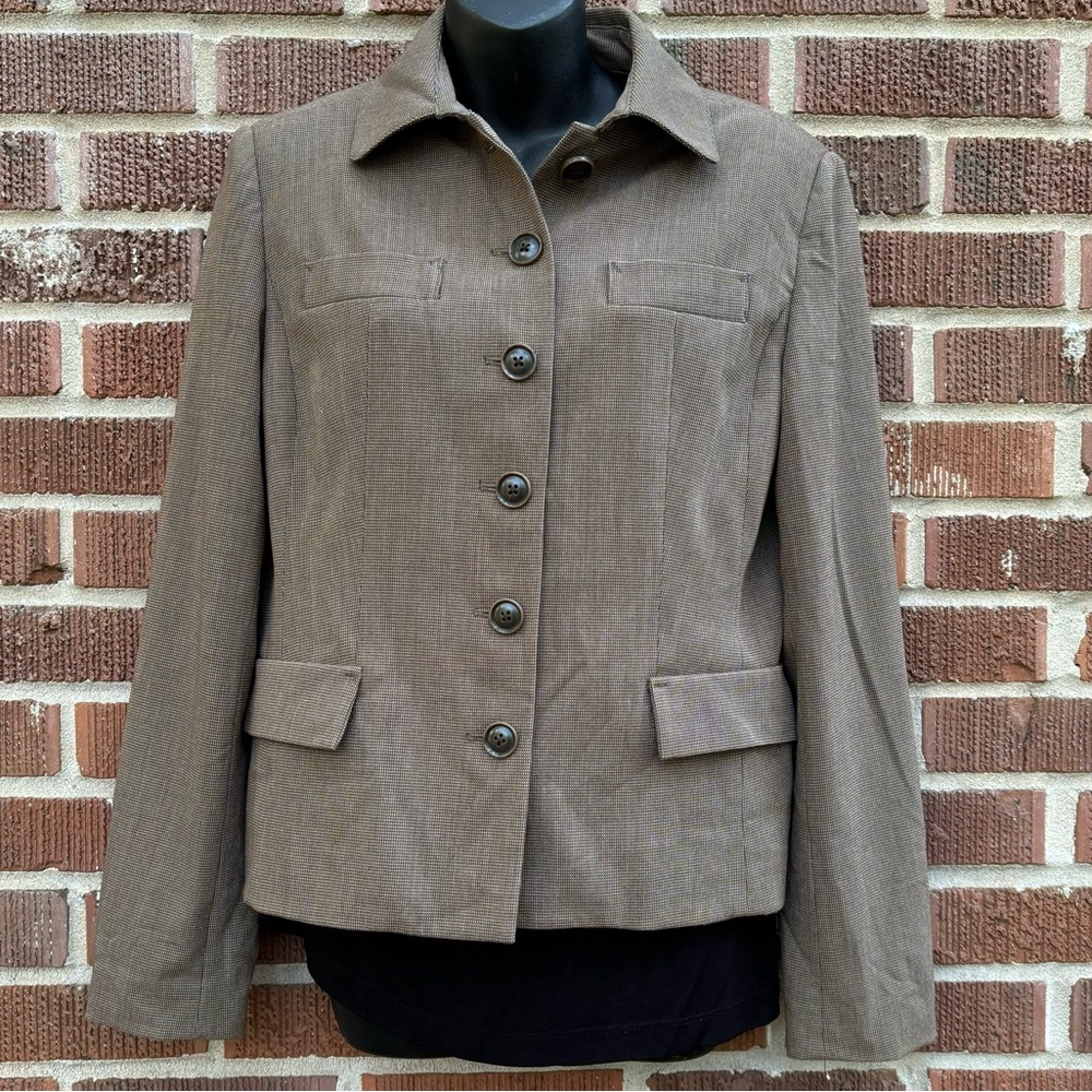 Rafaella NWT long sleeve fully lined Faux front pockets brown tweed blazer Sz 10